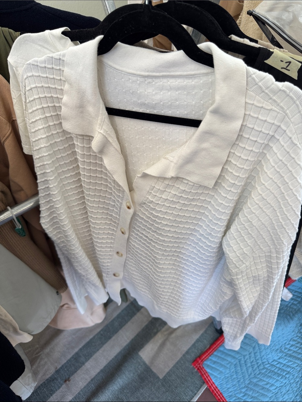 Commense White Textured Knit Collared Button-Down Cardigan